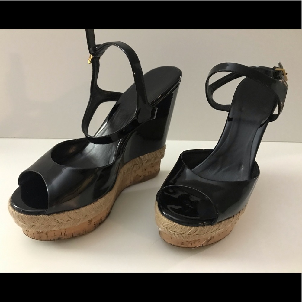 Gucci Black Patent Espadrille Wedge Sandals